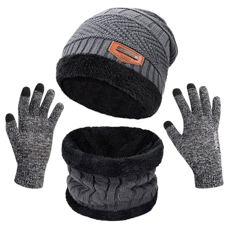 MAYLISACC 3 Pcs Mens Womens Winter Warm Fleece Beanie Hat with Touch Screen Gloves and Neck Warmer Gaiter Set Grey - Image 1